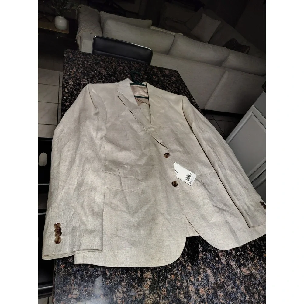 New H&M Slim Fit Linen 2 Button Jacket Blazer Light Beige Size 50Regular